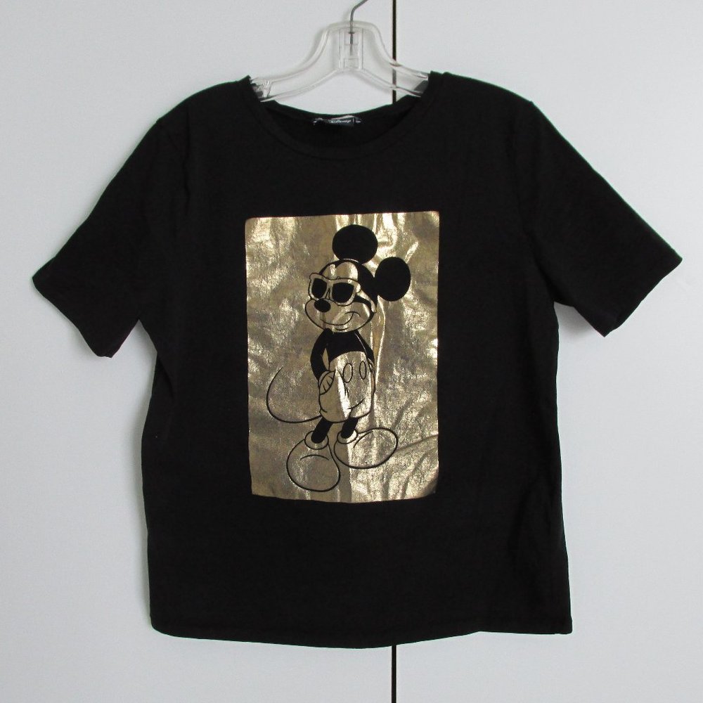 Zara Mickey Mouse Disney Black Cotton Tee T-Shirt Gold Design Size L